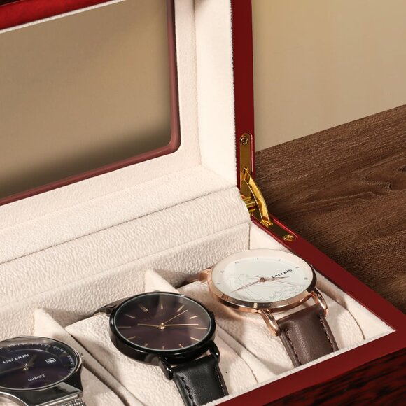 6 Slot Wooden Watch Display Case w/ Glass Lid & Removable Pillows - Vintage Brow - Picture 5 of 10